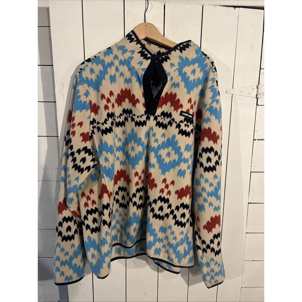 Lands' End Heritage Men's XXL Fleece Jacket 1/4 Snap Neck Print Pullover Used